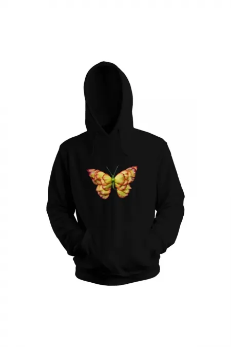 Unisex Siyah Butterfly Kapüşonlu Sweatshirt