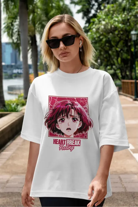 Unisex Erkek/Kadın HEARTH BREAK Renkli Özel Baskılı Oversize Pamuklu Bisiklet Yaka T-Shirt Tişört