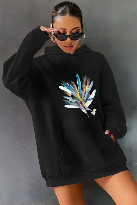 FEATHER-COLORED PRINTED HOODED SWEATSHIRT