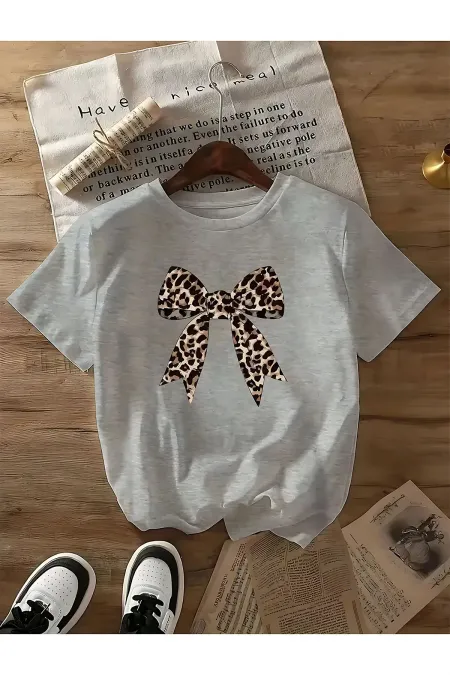 BASIC T-SHIRT WITH LEOPARD PATTERNED RIBBON DETAILS