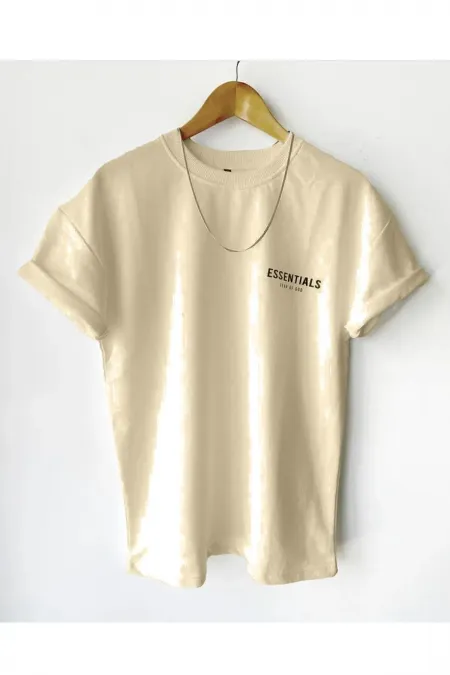 Beige Men's Printed Crew Neck Short Sleeve T-shirt