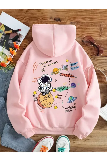Space Printed Hooded Kangaroo Pocket Sweatshirt