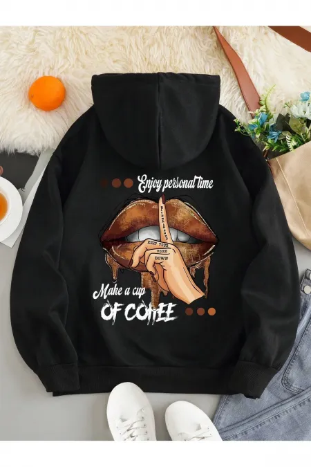 Lip Printed Oversized Hooded Sweatshirt with Raised Hem