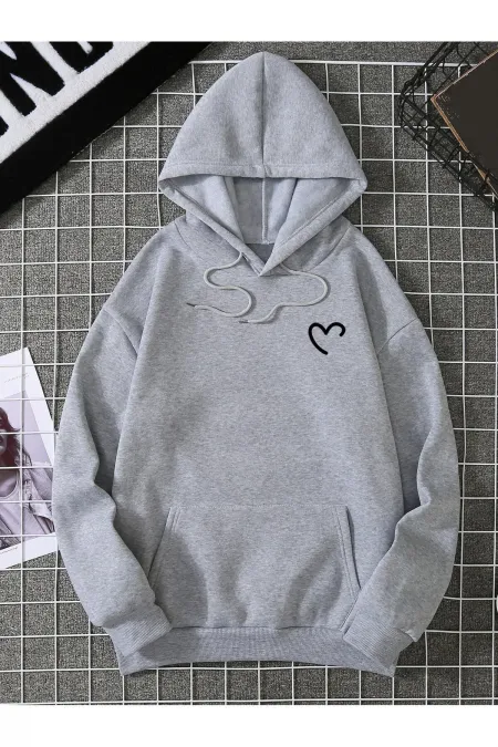 Heart Printed Kangaroo Pocket Hooded Sweatshirt