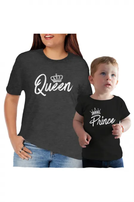 Anne Oğul Tişört Kombini Prince Queen Baskılı Pamuklu 1. Kalite Siyah T-shirt Kombini