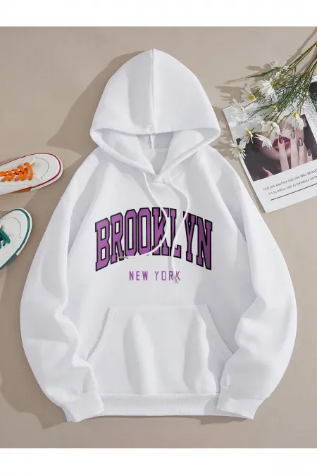 Brooklyn Sweatshirt Kangaroo Pocket Printed Hooded Raised