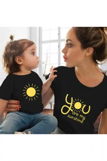 Anne KızÇocuk Tişört Kombini Güneşim Günışığı Sunshine Baskılı Pamuklu1.Kalite Siyah T-shirt Kombini