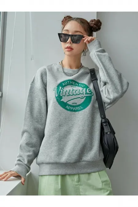 Kadın Gri Sweatshirt Vintage Baskılı
