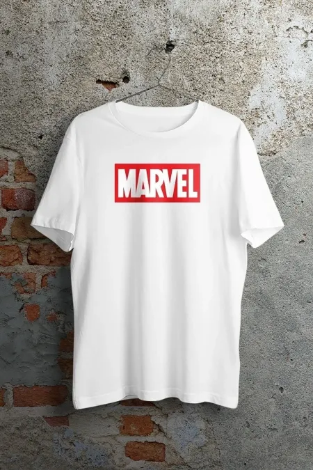 Marvel Logo Baskılı Beyaz Kısa Kollu Unisex Tişört