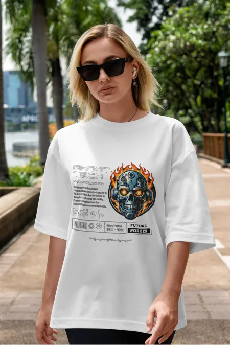 Unisex Erkek/Kadın Ghost Tech Renkli Özel Baskılı Oversize Pamuklu Bisiklet Yaka T-Shirt Tişört