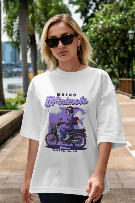 Unisex Erkek/Kadın MAIKO MINIMOTO Renkli Özel Baskılı Oversize Pamuklu Bisiklet Yaka T-Shirt Tişört