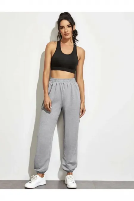 Kadın Gri Basic Jogger Örme Eşofman