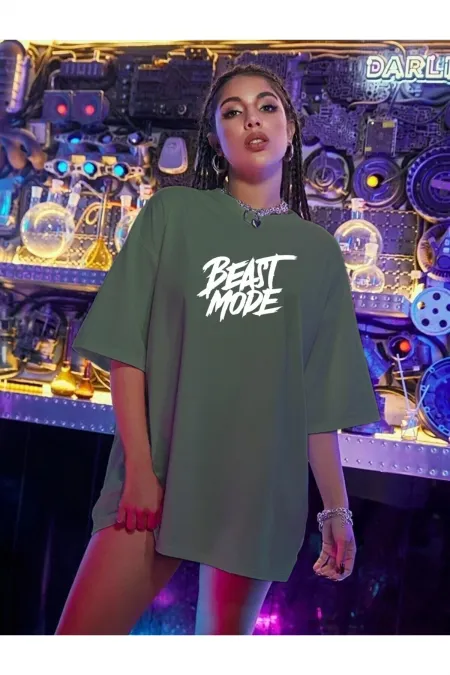 Beast Mode Printed Oversize Combed Cotton Green T-shirt