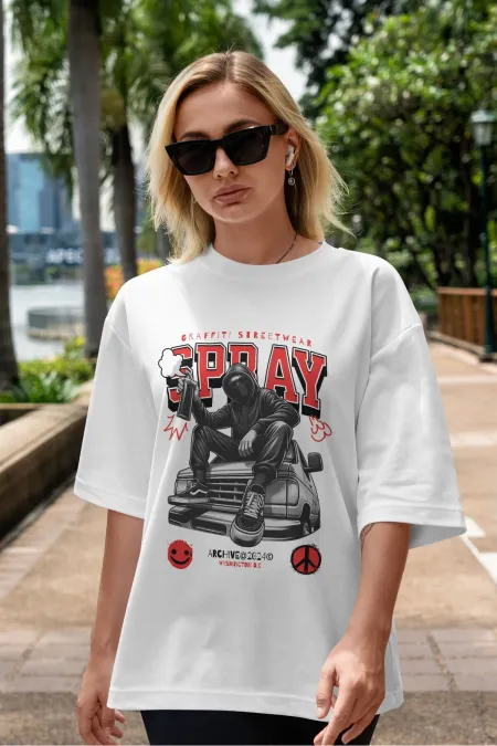 Unisex Erkek/Kadın SPRAY Renkli Özel Baskılı Oversize Pamuklu Bisiklet Yaka T-Shirt Tişört