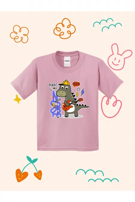 Kids' T-shirt with Dinosaur Playing Guitar Print