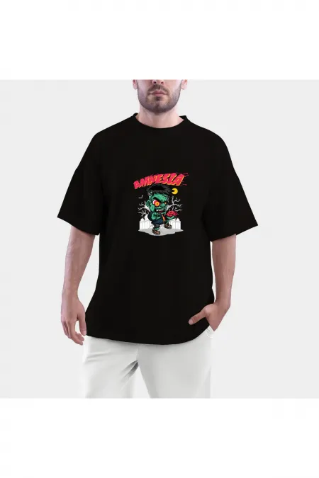 Amnesia Printed Black Color Combed Cotton Oversize T-shirt