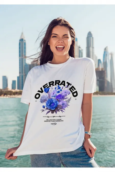 Unisex Erkek/Kadın OVERRATED Renkli Özel Baskılı Oversize Pamuklu Bisiklet Yaka T-Shirt Tişört