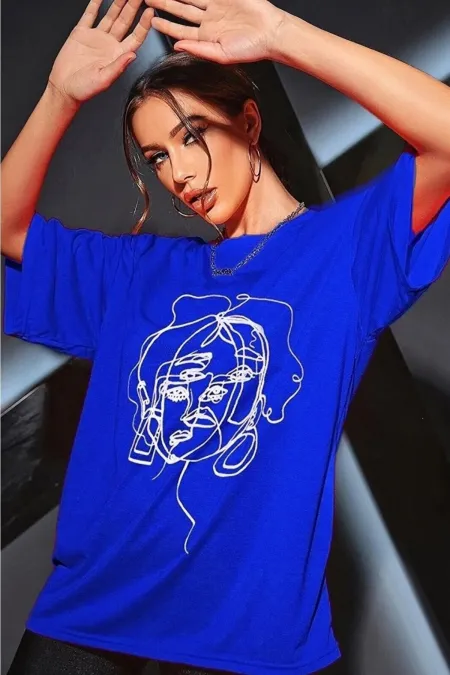 Women's Sax Blue Face Print Detailed Oversize T-shirt