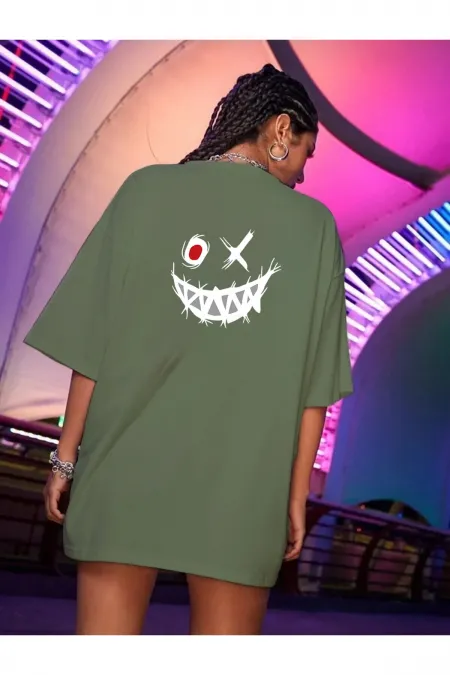 XO Smile Printed Green Color Combed Cotton Oversize T-shirt