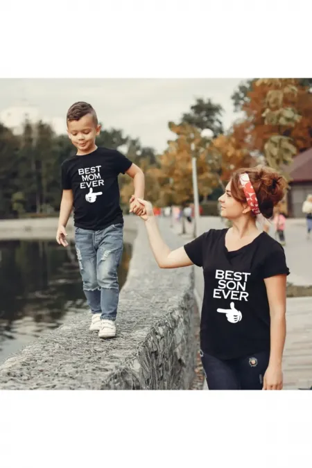 Anne Oğul Tişört Kombini Best Mom Son Ever Baskılı Pamuklu Siyah T-shirt Kombini