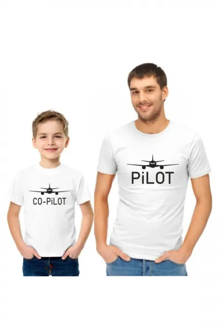 Baba Oğul Pamuklu Tişört Kombini Pilot Co-pilot Beyaz T-shirt 2li Tshirt Takımı 1. Kalite