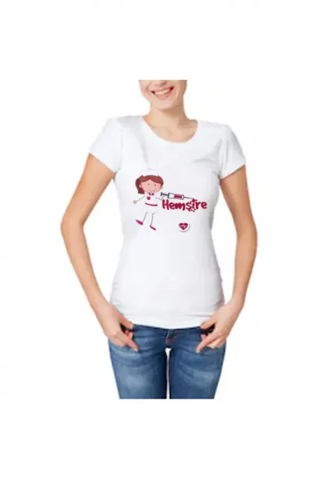 Mesleki Hediye Kadın Beyaz Hemşire Baskılı T-Shirt