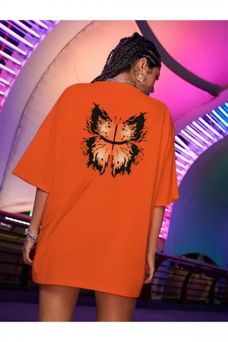 Orange T-Shirt, Black Butterfly Printed Oversize Combed Cotton T-shirt