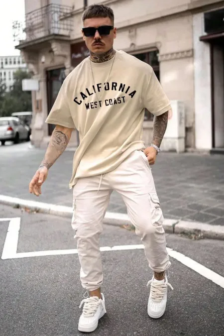 Men's Beige California West Coast Printed Oversize T-shirt