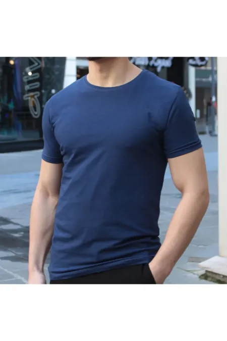 Erkek Lacivert Bisiklet Yaka Slim Fit T-Shirt