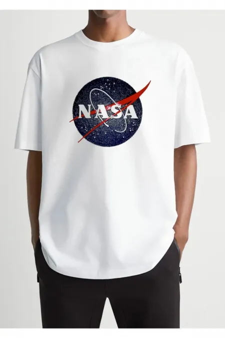 Oversize White NASA Logo Printed T-shirt