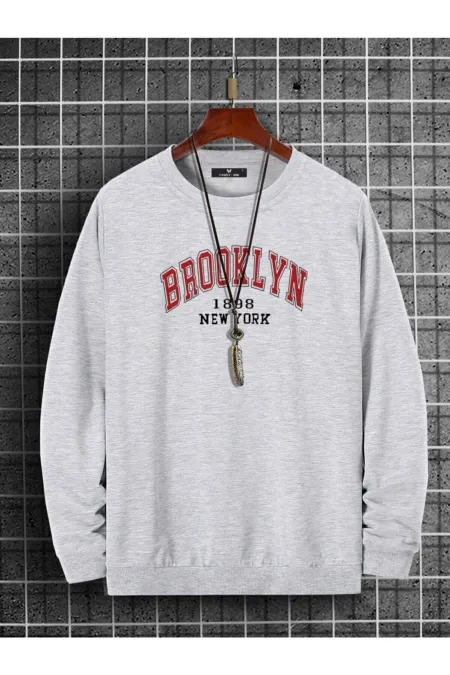 Erkek Brooklyn Baskılı Gri Oversize Sweatshirt