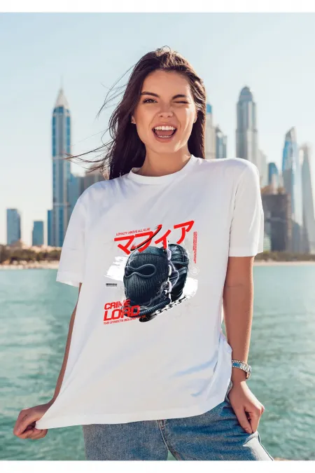 Unisex Erkek/Kadın CRIME LORD Renkli Özel Baskılı Oversize Pamuklu Bisiklet Yaka T-Shirt Tişört