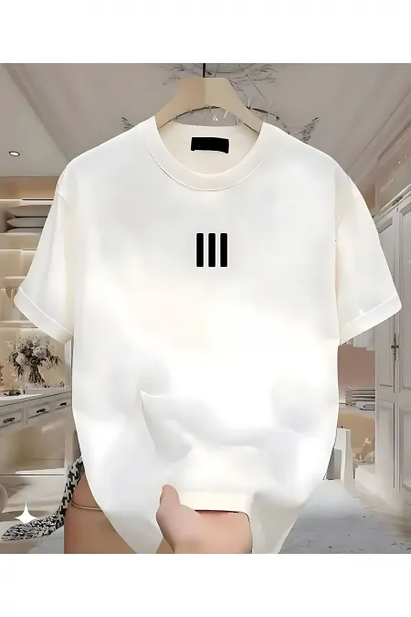 3 Çizgi Baskılı Beyaz Erkek Tshirt