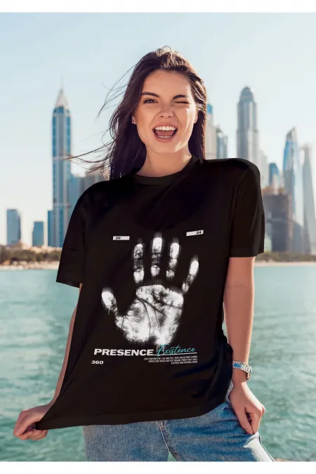 Unisex Erkek/Kadın EXISTENCE Renkli Özel Baskılı Oversize Pamuklu Bisiklet Yaka T-Shirt Tişört