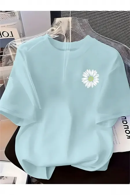 Unisex Papatya Desenli Baskılı Oversize Tişört