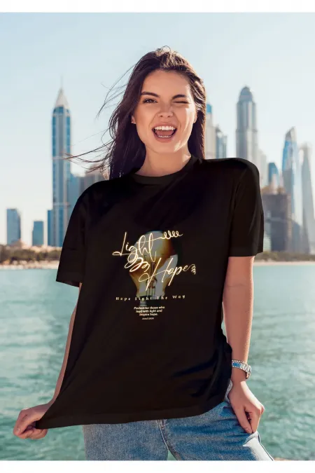 Unisex Erkek/Kadın LIGHT Renkli Özel Baskılı Oversize Pamuklu Bisiklet Yaka T-Shirt Tişört