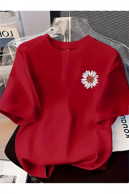 Unisex Papatya Desenli Baskılı Oversize Tişört