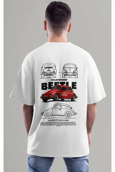 Unisex Erkek/Kadın BEETLE Renkli Özel Baskılı Oversize Pamuklu Bisiklet Yaka T-Shirt Tişört