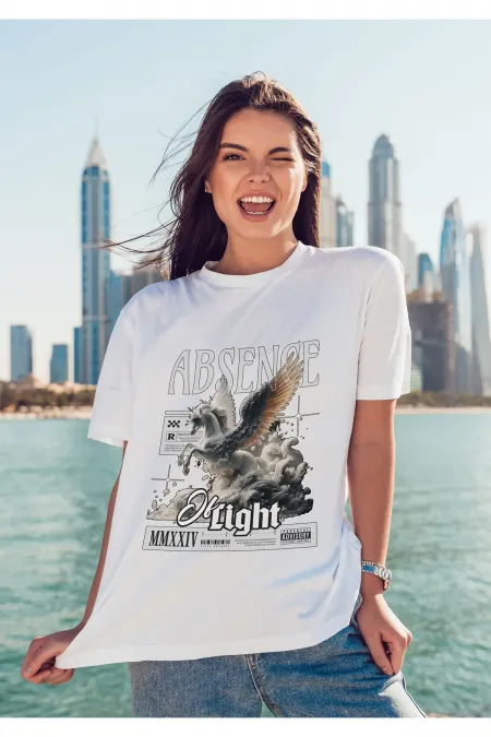 Unisex Erkek/Kadın ABSENCE Renkli Özel Baskılı Oversize Pamuklu Bisiklet Yaka T-Shirt Tişört