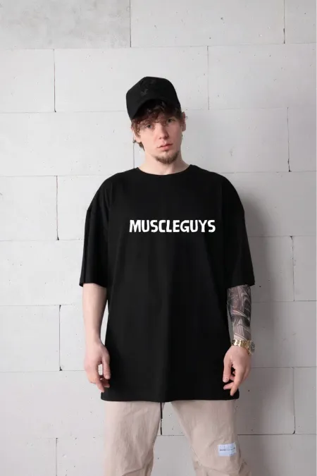 Men's Black Color Oversize Muscleguys Printed T-shirt