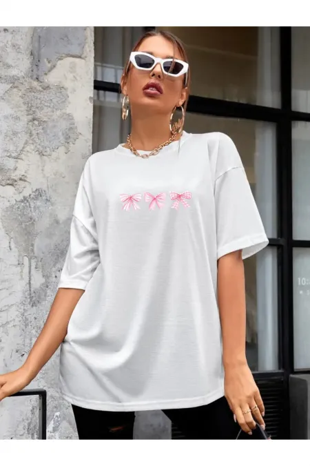 White Three Bow Printed Oversize T-shirt