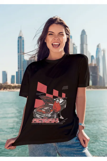 Unisex Erkek/Kadın SPEED DEMON Renkli Özel Baskılı Oversize Pamuklu Bisiklet Yaka T-Shirt Tişört