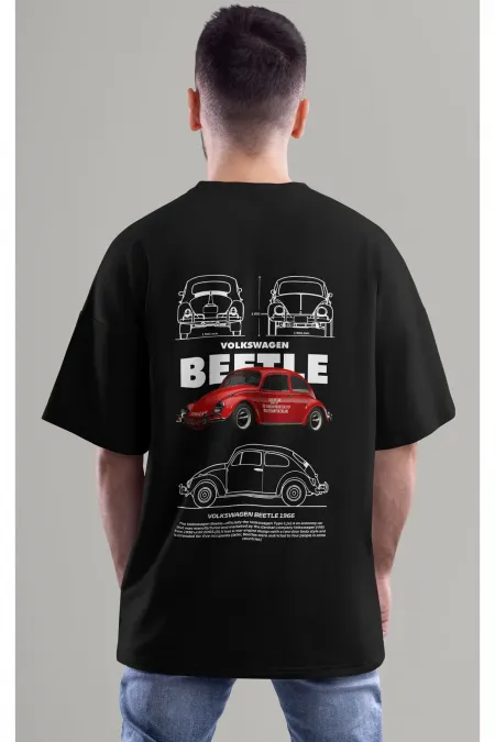 Unisex Erkek/Kadın BEETLE Renkli Özel Baskılı Oversize Pamuklu Bisiklet Yaka T-Shirt Tişört