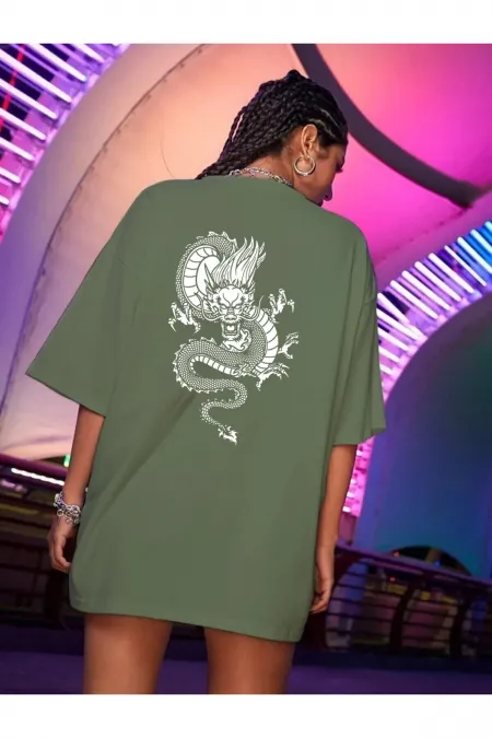 Lucky Dragon - Dragon Printed Oversize Green Color Combed Cotton T-shirt