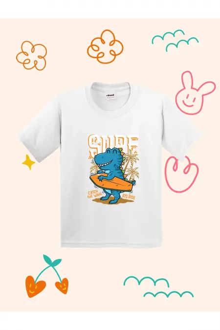 Surfer Dinosaur Print Kids T-shirt