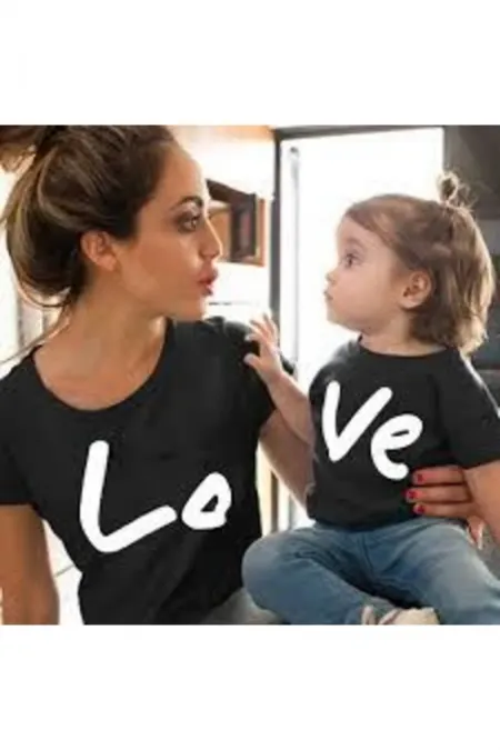 Anne Kız Çocuk Tişört Kombini Love Baskılı Pamuklu 1. Kalite Siyah T-shirt Kombini