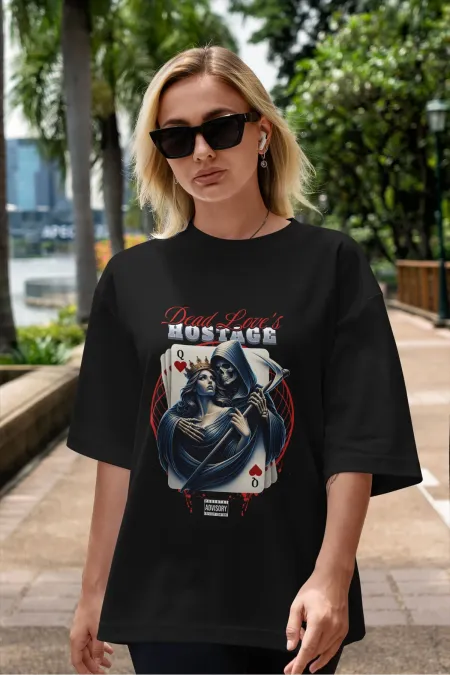 Unisex Erkek/Kadın HOSTAGE Renkli Özel Baskılı Oversize Pamuklu Bisiklet Yaka T-Shirt Tişört