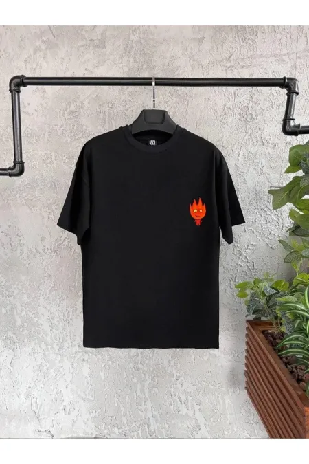 Unisex Fire Printed Oversize Black Garalio T-shirt