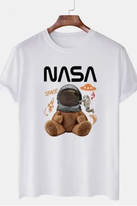 Unisex Beyaz Nasa Ayıcık Baskılı Oversize T-shirt