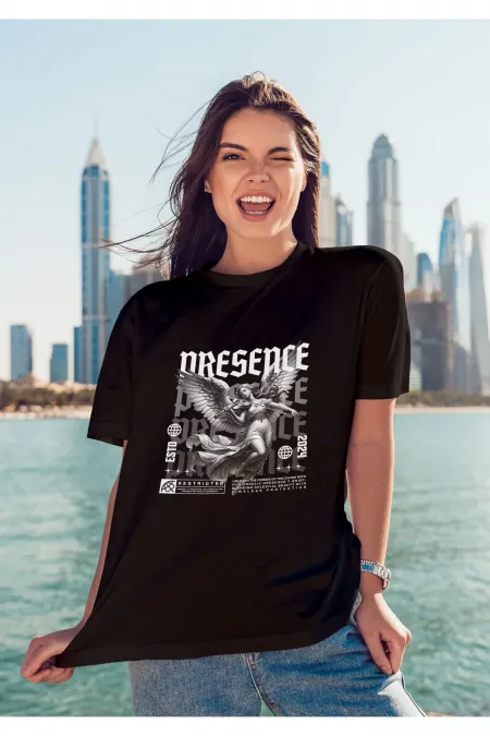 Unisex Erkek/Kadın PRESENCE Renkli Özel Baskılı Oversize Pamuklu Bisiklet Yaka T-Shirt Tişört